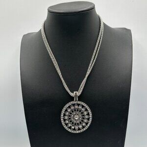 Pierre Lang Necklace Silver Tone Rhinestone Mandala Pendant Multi Strand Chain